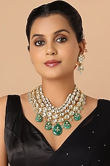 Gold Finish Green Onyx Enameled Necklace Set