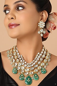 Gold Finish Green Onyx Enameled Necklace Set