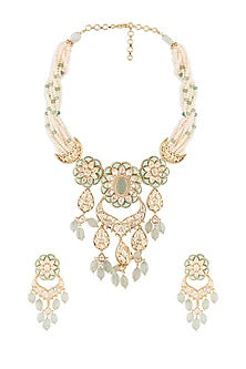 Gold Finish Blue Topaz Carving Necklace Set