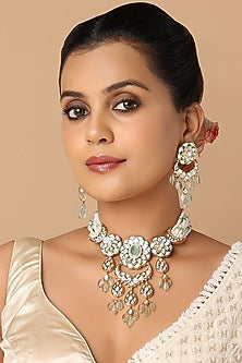 Gold Finish Blue Topaz Carving Necklace Set