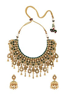 Gold Finish Green Onyx Carved Choker Necklace Set