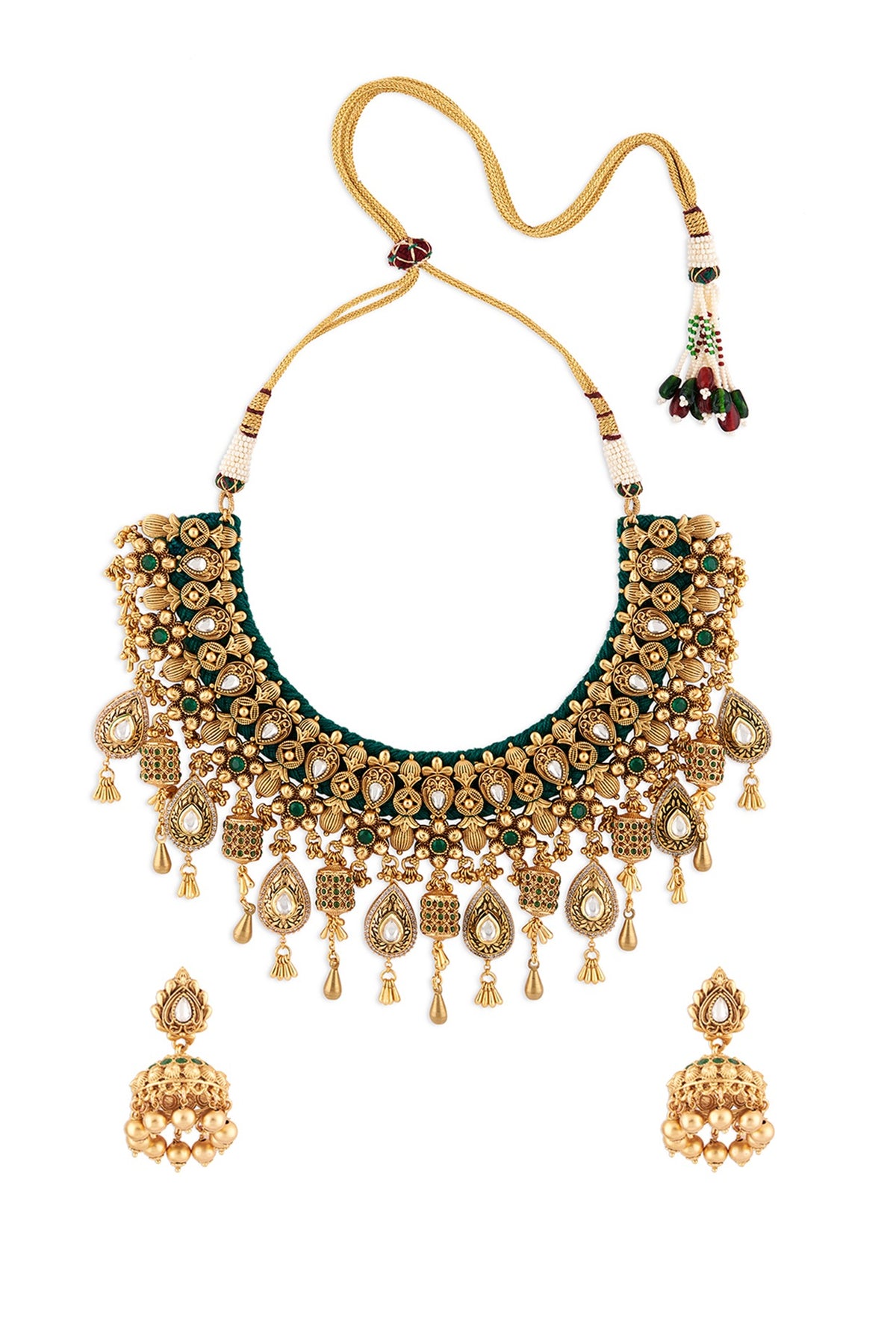 Gold Finish Green Onyx Carved Choker Necklace Set