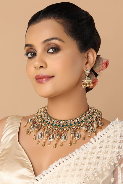 Gold Finish Green Onyx Carved Choker Necklace Set