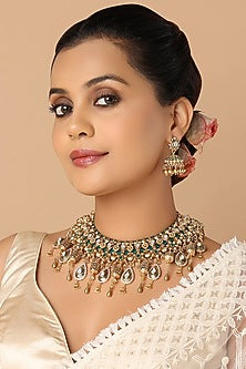 Gold Finish Green Onyx Carved Choker Necklace Set