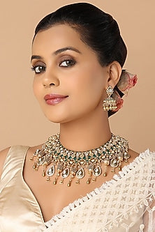 Gold Finish Green Onyx Carved Choker Necklace Set