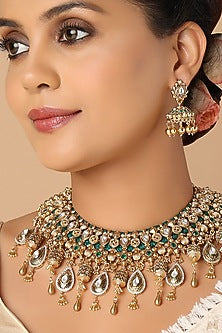 Gold Finish Green Onyx Carved Choker Necklace Set