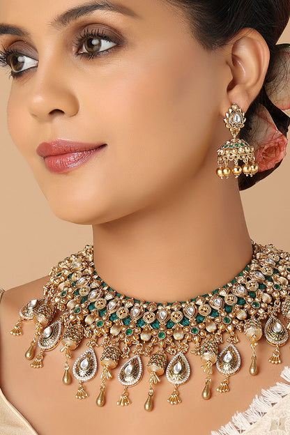 Gold Finish Green Onyx Carved Choker Necklace Set