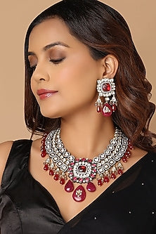 Gold Finish Red Onyx Drop Necklace Set