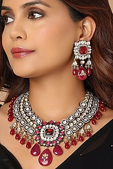 Gold Finish Red Onyx Drop Necklace Set