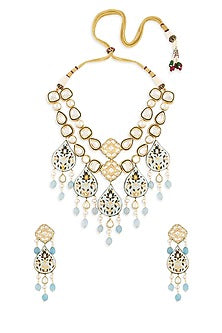 Gold Finish Blue Jade Drop Choker Necklace Set