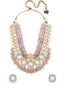 Gold Finish Pink Jade Beaded Necklace Set