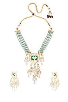 Gold Finish Green Agate Beaded Necklace Set