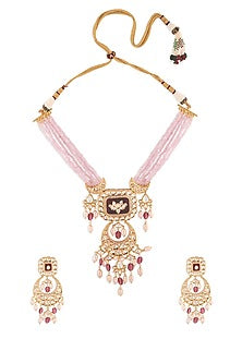 Gold Finish Red & Pink Monalisa Beaded Necklace Set
