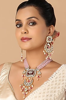 Gold Finish Red & Pink Monalisa Beaded Necklace Set