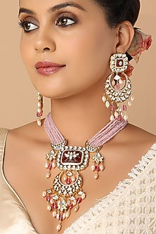 Gold Finish Red & Pink Monalisa Beaded Necklace Set