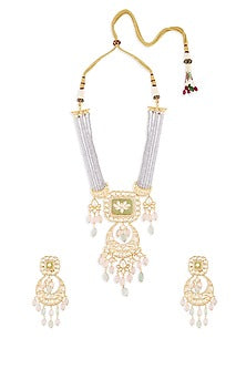 Gold Finish Grey Monalisa Beaded & Jade Drop Necklace Set