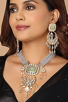 Gold Finish Grey Monalisa Beaded & Jade Drop Necklace Set