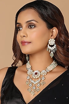 Gold Finish Carved Red Onyx Necklace Set