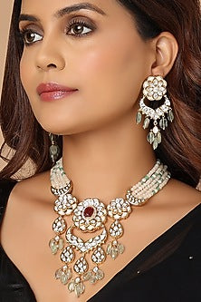 Gold Finish Carved Red Onyx Necklace Set