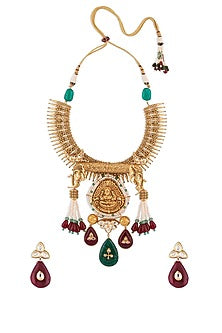 Gold Finish Goddess Lakshmi Pendant Choker Necklace Set
