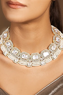 Yellow Gold Finish White Stone Choker Necklace