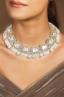 Yellow Gold Finish White Stone Choker Necklace