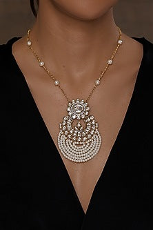 Gold Finish Kundan Polki & Pearl Pendant Necklace