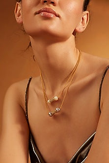 Gold Finish Pearl Layered Chain Necklace