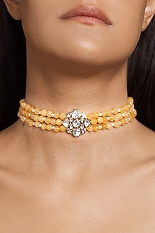Gold Finish Yellow Beaded Choker Necklace