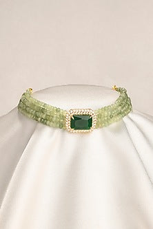 Gold Finish Green Beaded Choker Necklace