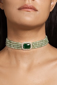 Gold Finish Green Beaded Choker Necklace