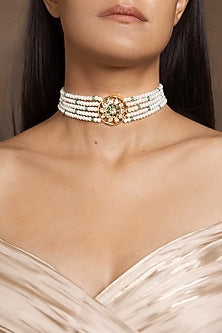 Gold Finish White Beaded Choker Necklace