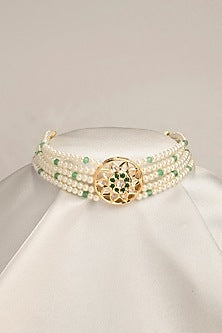Gold Finish White Beaded Choker Necklace