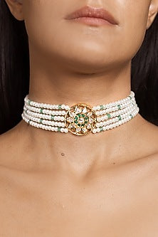 Gold Finish White Beaded Choker Necklace