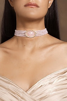 Gold Finish Pink Beaded Choker Necklace