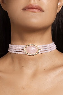 Gold Finish Pink Beaded Choker Necklace