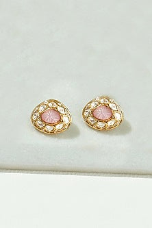 Gold Finish Pink Kundan Polki Stud Earrings