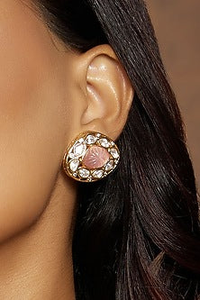 Gold Finish Pink Kundan Polki Stud Earrings
