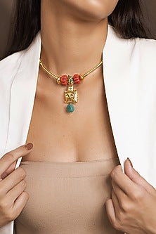 Gold Finish Multi-Colored Stone Stiff Wire Choker Necklace
