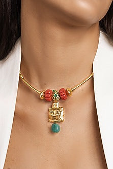 Gold Finish Multi-Colored Stone Stiff Wire Choker Necklace