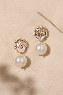 Gold Finish Crystal & Pearl Drop Dangler Earrings
