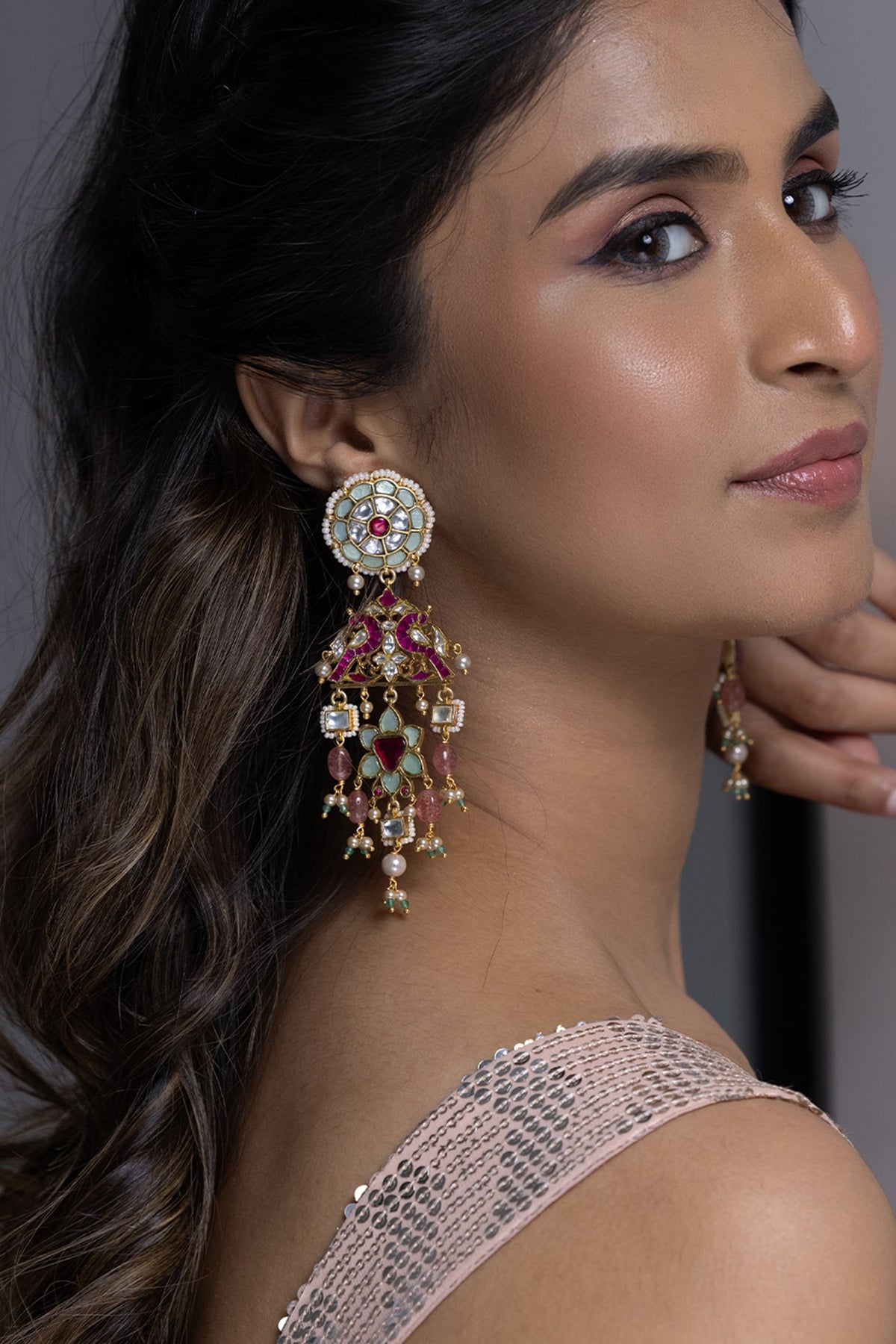 Gold Finish Pink & Green Kundan Polki Dangler Earrings