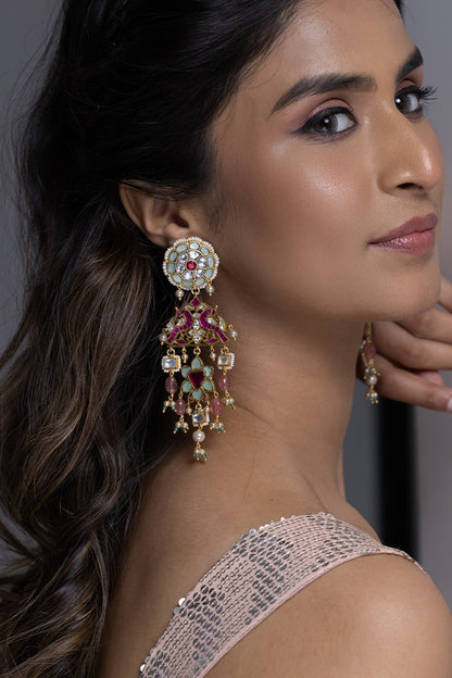Gold Finish Pink & Green Kundan Polki Dangler Earrings