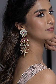 Gold Finish Pink & Green Kundan Polki Dangler Earrings
