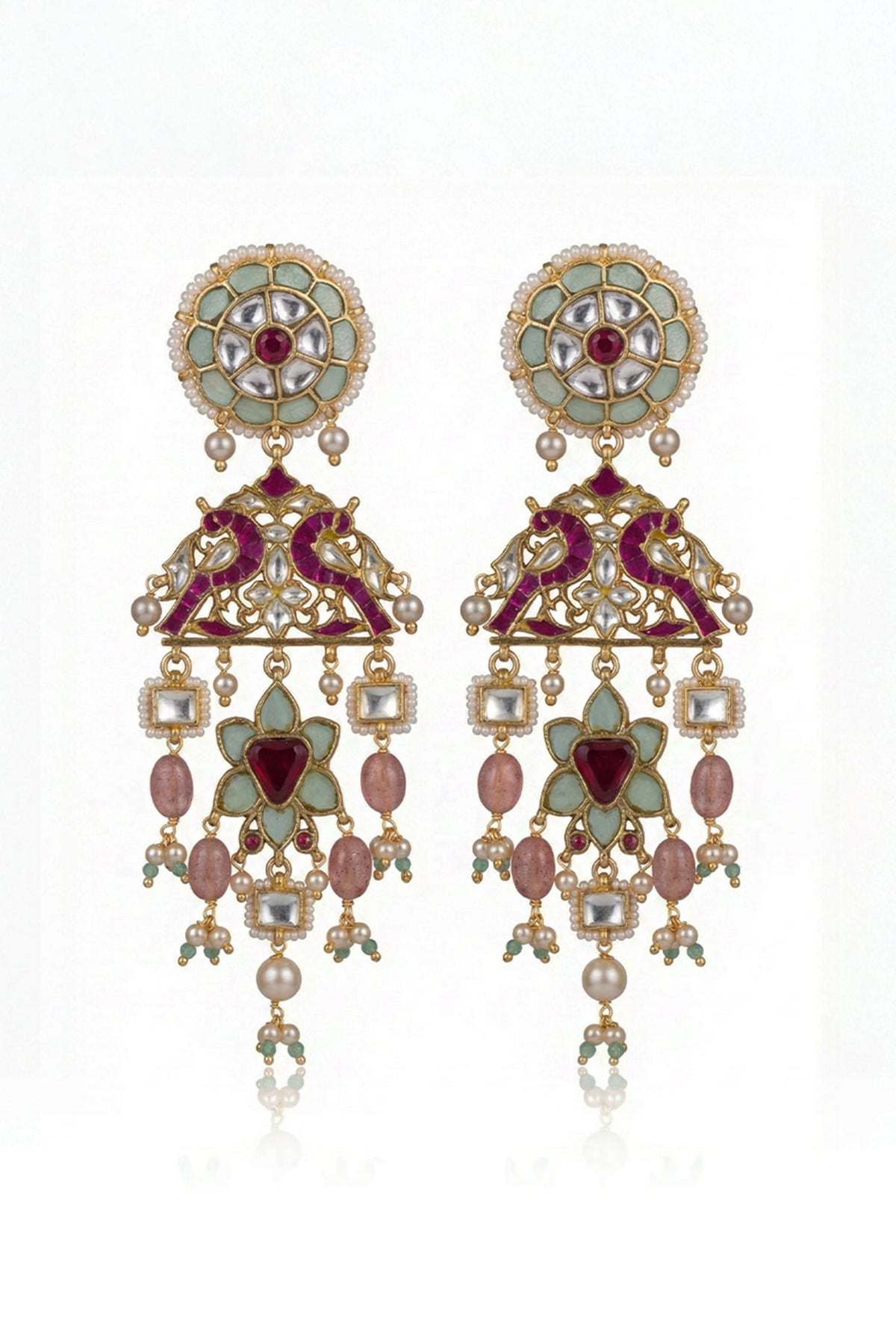 Gold Finish Pink & Green Kundan Polki Dangler Earrings