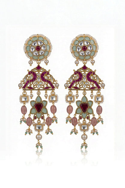 Gold Finish Pink & Green Kundan Polki Dangler Earrings