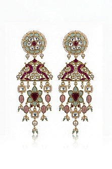 Gold Finish Pink & Green Kundan Polki Dangler Earrings