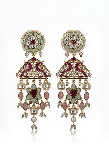 Gold Finish Pink & Green Kundan Polki Dangler Earrings