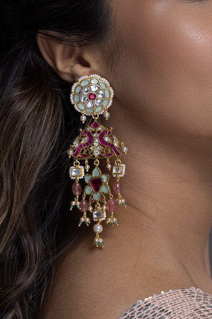 Gold Finish Pink & Green Kundan Polki Dangler Earrings