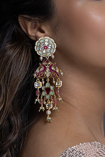 Gold Finish Pink & Green Kundan Polki Dangler Earrings